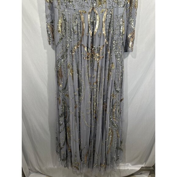 NWT $798 Mac Duggal [ 14 ] Long Sleeve Embellished Illusion Gown‎ Platinum Gold - Picture 15 of 15